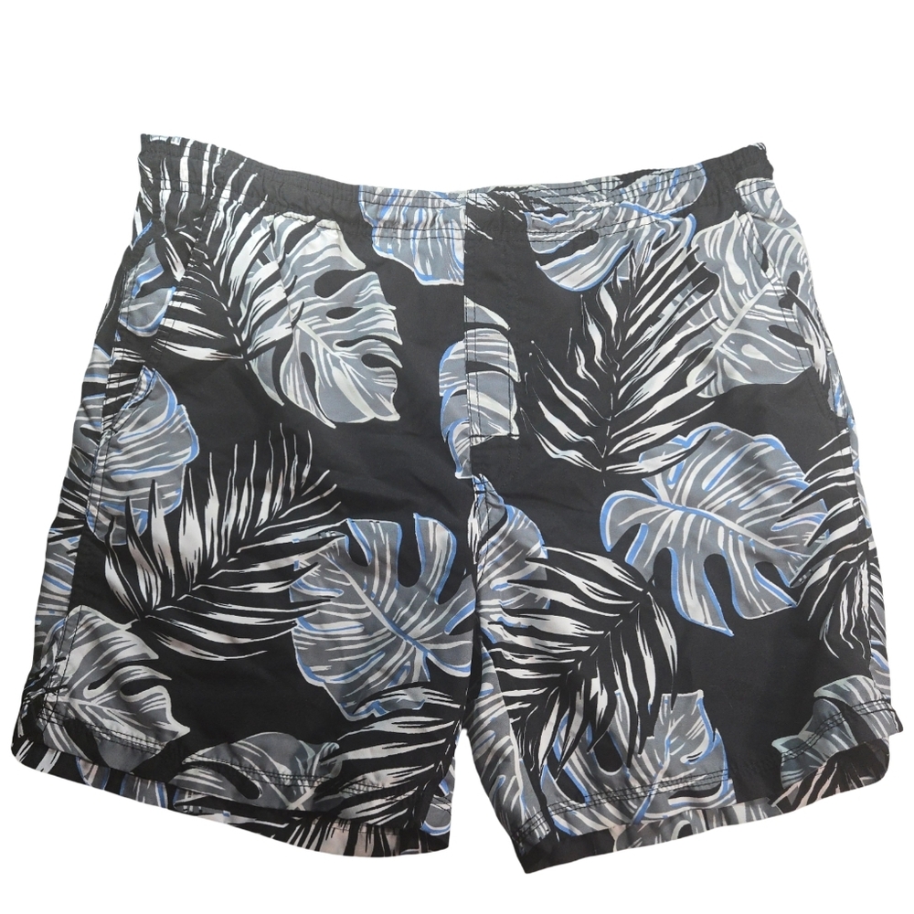 Men's Black and Blue Leaf Print Swim Shorts